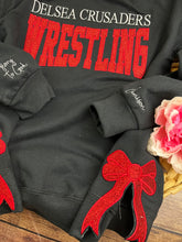 Load image into Gallery viewer, Custom School Sports Team Sweatshirt with Side Bows| Personalized Keepsake- Celebrate Team Spirit with Glitter Embroidered Wrestling, Soccer, Football