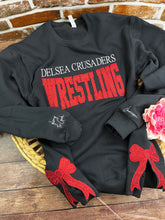 Load image into Gallery viewer, Custom School Sports Team Sweatshirt with Side Bows| Personalized Keepsake- Celebrate Team Spirit with Glitter Embroidered Wrestling, Soccer, Football