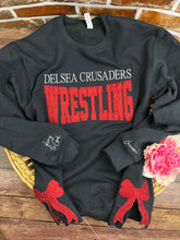 Load image into Gallery viewer, Custom School Sports Team Sweatshirt with Side Bows| Personalized Keepsake- Celebrate Team Spirit with Glitter Embroidered Wrestling, Soccer, Football