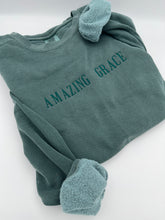 Load image into Gallery viewer, AMAZING GRACE Sweatshirt – Cozy, Hymn Faith-Inspired Apparel Bible verse Christian tee Comfort Colors or Jerzees Sweatshirt Embroidered