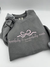 Load image into Gallery viewer, Fearfully and Wonderfully Made Embroidered Sweatshirt Christian Apparel Psalm 139:14 Bible Verse Comfort Colors Jerzees Gift Faith Bow