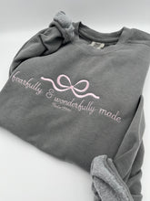 Load image into Gallery viewer, Fearfully and Wonderfully Made Embroidered Sweatshirt Christian Apparel Psalm 139:14 Bible Verse Comfort Colors Jerzees Gift Faith Bow