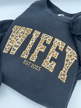 Load image into Gallery viewer, Curved WIFEY Sweatshirt Cheetah Appliqué, Custom EST Year, Bridal Shower Gift, Newlywed Hoodie, Wedding Date Sweatshirt, Wife Gift