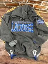 Load image into Gallery viewer, Custom Lacrosse Sweatshirt, Glitter Appliqué, School Name Embroidered, Team Spirit Shirt, Comfort Colors, Jerzees, Personalized Sports Gift