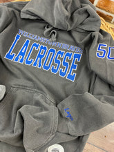Load image into Gallery viewer, Custom Lacrosse Sweatshirt, Glitter Appliqué, School Name Embroidered, Team Spirit Shirt, Comfort Colors, Jerzees, Personalized Sports Gift