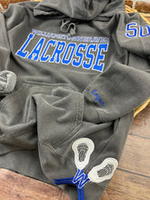 Load image into Gallery viewer, Custom Lacrosse Sweatshirt, Glitter Appliqué, School Name Embroidered, Team Spirit Shirt, Comfort Colors, Jerzees, Personalized Sports Gift