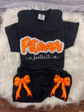 Load image into Gallery viewer, Pitman Football Sequin Sweatshirt | Orange Sequin on Velvet Applique with Embroidered Football | Optional Side Bows