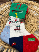 Load image into Gallery viewer, Memory Keepsake Christmas Stocking from Baby Clothes | Personalized Name Cuff | Quilted Patchwork Heirloom | Custom Handmade Gift
