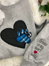 Load image into Gallery viewer, Dog   Or Cat sweatshirt from favorite clothes  Fabric Keepsake Sweatshirts - Applique from dogs favorite clothes, bandana, or blanket