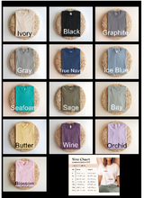 Load image into Gallery viewer, Comfort Colors t-shirt color options and size chart