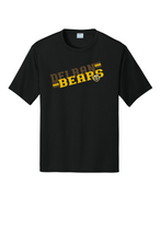 Load image into Gallery viewer, Delran Bears black performance t-shirt with brown and gold DELRAN BEARS varsity graphic and bear-in-sunglasses mascot