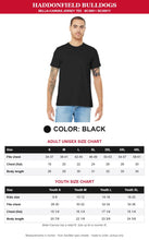 Load image into Gallery viewer, Black Bella+Canvas tee with adult and youth size charts