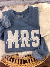 Load image into Gallery viewer, MRS wedding dress keepsake sweatshirt with new last name embroidered in white script
