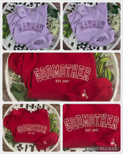 Load and play video in Gallery viewer, Embroidered Mama, Mommy, Godmother, Grandma Varsity Font Sweatshirts - Embroidered with names on sleeve