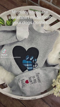 Load and play video in Gallery viewer, Dog   Or Cat sweatshirt from favorite clothes  Fabric Keepsake Sweatshirts - Applique from dogs favorite clothes, bandana, or blanket