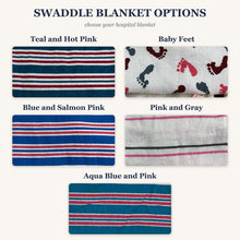 Load image into Gallery viewer, Swaddle blanket options: Teal and Hot Pink, Baby Feet, Blue and Salmon Pink, Pink and Gray, Aqua Blue and Pink hospital blankets