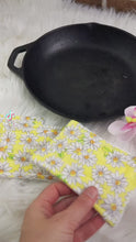 Load and play video in Gallery viewer, Yellow Daisy Reusable Kitchen Sponges- Perfect for cleaning dishes, counters and Cast Iron Pots. Mesh side for extra cleaning power.