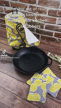 Load and play video in Gallery viewer, Blue Stripes and Lemons Reusable Kitchen Sponges - Perfect for cleaning dishes, counters and Cast Iron Pots. Mesh side for extra cleaning power.