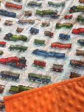 Load image into Gallery viewer, Trains Weighted Blanket or Lap Pad Cotton Fabric - Toddler, Child, Teen, Adult -Dot Minky - Anxiety, Sleep.
