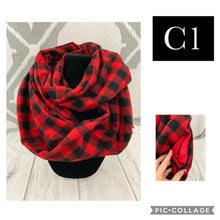 Load image into Gallery viewer, Infinity Scarf with Hidden Zipper Pocket. Red Buffalo Plaid flannel.