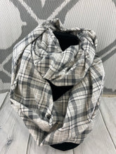 Load image into Gallery viewer, Infinity Scarf with Hidden Zipper Pocket. Gray and White  Plaid flannel.