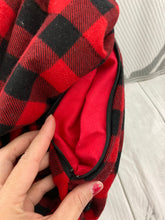 Load image into Gallery viewer, Infinity Scarf with Hidden Zipper Pocket. Red Buffalo Plaid flannel.