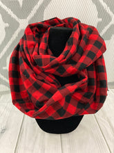 Load image into Gallery viewer, Infinity Scarf with Hidden Zipper Pocket. Red Buffalo Plaid flannel.