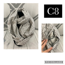 Load image into Gallery viewer, Infinity Scarf with Hidden Zipper Pocket.Gray Floral flannel.