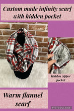 Load image into Gallery viewer, Infinity Scarf with Hidden Zipper Pocket. Red, Gray and Black Plaid flannel.