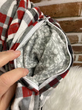 Load image into Gallery viewer, Infinity Scarf with Hidden Zipper Pocket. Red, Gray and Black Plaid flannel.