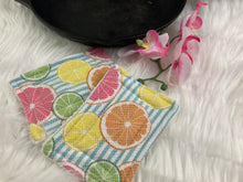 Load image into Gallery viewer, Oranges and lemons and Blue Stripes Reusable Kitchen Sponges- Perfect for cleaning dishes, counters and Cast Iron Pots. Mesh side for extra cleaning power.
