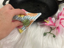Load image into Gallery viewer, Oranges and lemons and Blue Stripes Reusable Kitchen Sponges- Perfect for cleaning dishes, counters and Cast Iron Pots. Mesh side for extra cleaning power.