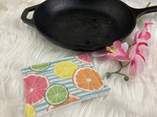 Load image into Gallery viewer, Oranges and lemons and Blue Stripes Reusable Kitchen Sponges- Perfect for cleaning dishes, counters and Cast Iron Pots. Mesh side for extra cleaning power.