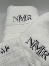 Load image into Gallery viewer, Personalized Bath Towel Set Monogramed - Embroidered 3pc. Oversized, Hand, Washcloth - Graduation, Wedding, Bridal Shower, Home warming Gift

