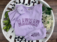 Load image into Gallery viewer, Embroidered Mama, Mommy, Godmother, Grandma Varsity Font Sweatshirts - Embroidered with names on sleeve
