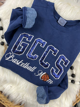Load image into Gallery viewer, GCCS Basketball Mom Shirt | Navy Sequin GCCS | Basketball Mom Sweatshirt | Sequin Sports Mom Apparel | Custom School Spirit Wear Gloucester County Christian School
