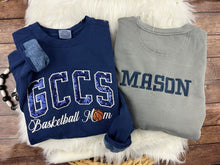 Load image into Gallery viewer, GCCS Basketball Mom Shirt | Navy Sequin GCCS | Basketball Mom Sweatshirt | Sequin Sports Mom Apparel | Custom School Spirit Wear Gloucester County Christian School
