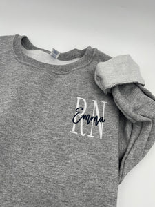 Custom Nurse Embroidered Sweatshirt – Left Chest Logo with Personalized Name and Credentials – Choose Shirt & Thread Colors - Nursing School
