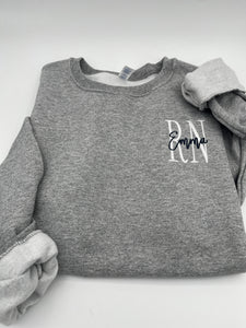 Custom Nurse Embroidered Sweatshirt – Left Chest Logo with Personalized Name and Credentials – Choose Shirt & Thread Colors - Nursing School