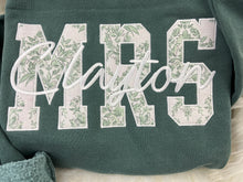Load image into Gallery viewer, MRS Applique Embroidered Sweatshirt with Bride’s New Last Name – Sage Chinoiserie or send your wedding dress remnents – Personalized Bridal Gift, Wedding, Engagement, Honeymoon
