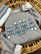 Load image into Gallery viewer, Curved Mama sweatshirt from Baby clothes - Onsies /Mommy / Daddy/ Grandma - Fabric Keepsake Sweatshirts - Applique from baby clothes Nana, Mimi
