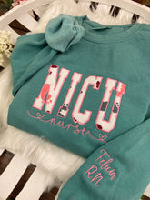 Load image into Gallery viewer, NICU Nurse sweatshirt from Baby Hospital Blanket - Labor and Delivery RN NICU - Fabric Keepsake Sweatshirts - Applique
