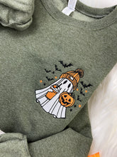 Load image into Gallery viewer, Embroidered Spooky Ghost Sweatshirt – Iced Latte &amp; Orange Beanie Cute Fall Halloween Crewneck | Cozy Autumn Vibes Jerzees - Comfort Colors
