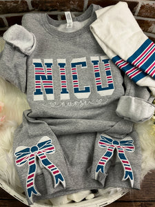 NICU Nurse sweatshirt with side bows from baby hospital swaddle Blanket-  RN labor delivery  Licensed Practical, CNA,  - Fabric Keepsake Sweatshirts - Applique