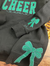 Load image into Gallery viewer, Custom Cheer Mom Sweatshirt with side bows | Personalized Keepsake- Celebrate Team Spirit with Glitter Embroidered Cheer
