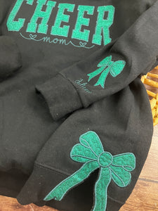 Custom Cheer Mom Sweatshirt with side bows | Personalized Keepsake- Celebrate Team Spirit with Glitter Embroidered Cheer