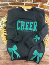 Load image into Gallery viewer, Custom Cheer Mom Sweatshirt with side bows | Personalized Keepsake- Celebrate Team Spirit with Glitter Embroidered Cheer
