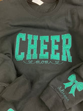 Load image into Gallery viewer, Custom Cheer Mom Sweatshirt with side bows | Personalized Keepsake- Celebrate Team Spirit with Glitter Embroidered Cheer
