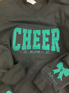 Custom Cheer Mom Sweatshirt with side bows | Personalized Keepsake- Celebrate Team Spirit with Glitter Embroidered Cheer