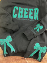 Load image into Gallery viewer, Custom Cheer Mom Sweatshirt with side bows | Personalized Keepsake- Celebrate Team Spirit with Glitter Embroidered Cheer
